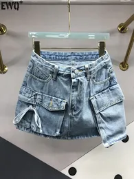 Ewq kadın cep eklenmiş renk katı denim etek yüksek bel kravat vintage mavi etek yaz allmatch kıyafetleri 7356 240531