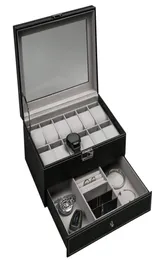 ジュエリーボックスogrmar 12スロットPUレザーロック可能な時計ストレージメン女性ディスプレイDERケース2tierオーガナイザーショーケースガラス蓋6673999