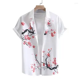 Camisas casuais masculinas Camisa de manga corta con estampado Flores Ciruelo para hombre playa pintura tinta informal