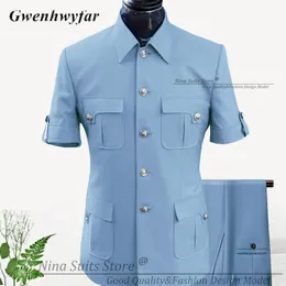 G n Custom Made Make Africa Style Men Suits Sky Blue 2024 Kurzarm Blazer reguläre Hosen für Geschäftsleute formelle Besprechung tragen 240524