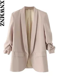 Ternos femininos Blazers Xnwmnz Manguete casual feminino plissado sem botão Blazer feminino Moda vintage de mangas compridas jaqueta de lapela Z240531