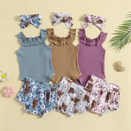 Set di abbigliamento 3 pezzi per bambini estivi per bambini con bestiame floreale a costola solida stampare pantaloncini per bambini abiti per bambini