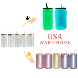 Warehouse US Borosilicato da 16 onlimazione Sublimazione UV Cambiamento e brilla in vetro di bevanda delicata scura con coperchio di bambù e paglia per regali personalizzati