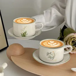 European Style Retro Ceramic Mug Flower pattern Coffee Cup and Saucer Afternoon Tea cup Dessert Plate Milk Juice latte Gift 240523