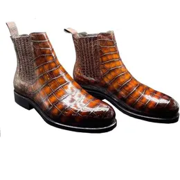 Boots Boots Chue Arrival Men Crocodile Leather Shoes Male Belly Skin Color Rubbing Orange Brown