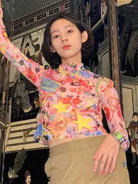 여자 T 셔츠 얇은 투명한 거즈 스트레치 짧은 언더 코트 티셔츠 여성을위한 중국 빈티지 옷 페미니스트