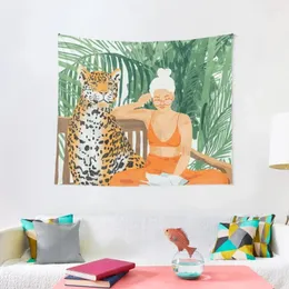 Tapestries Jungle Vacay |Modern Bohémien Bionda Donna Tropical Travel Leopard Wildlife Reader Forest Distry Decoratori per la casa
