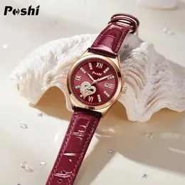 Poshi Women Watches Mode Leder Romantik Red Dial Luxury Ladies Watchof Quartz Date Original Brand Armbandwatch Swiss 240531