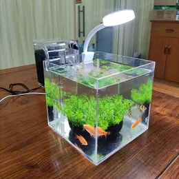 Mini Desktop Transparent Acryl Aquarium Aquatic Grass Shrimp Turtle Goldfish Fish Tank med filtersystem och lampa 240530