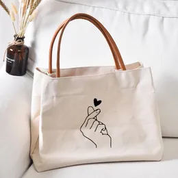 Alışveriş çantaları el parmak kalp kadın bayan komik kişiselleştirilmiş tuval kitap çanta iş plaj damla