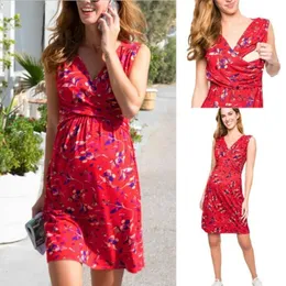 VNeck Summer Pregnant Womens Clothes Red Print Sleeveless Breastfeeding Dress Postnatal Casual Nursing Dresses 240530