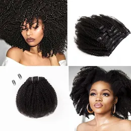 Afro Kinky Curly Clip i mänskliga hårförlängningar Naturliga svarta 7pieces/Set 8st/Set 120 -GRAMS