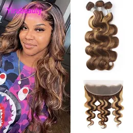 Body Wave P4/27 Piano Color Double Sefts Brazilian Bundles with 13x4 Lace Frontal Part Pervian Indian Malaysian Hair 4 Pie TMKB