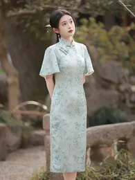 Etnik Giyim Fzslcyiyi Geleneksel Baskılı Saten Uçan Kollu Cheongsam Kadınlar Zarif Çin Mandarin Yakası Qipao Elbise