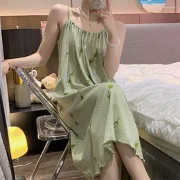 Women's Sleepwear Floral Print Nightgown Pajamas Womens Green Korean Style Night Dress Summer Sleep Nightwear Strap Home Wear