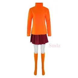 Velma Cosplay Costume: Anime Woman Orange Top Skirt Socks Set