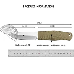 D2 Steel Fixed Blade Knife With Black Leather Sheath, OD