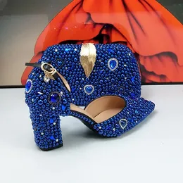 Royal Blue Pearl Wedding Shoes Bag Set Elegant Low Heel