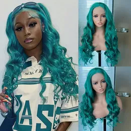 Synthetic Lace Front Wigs Long Body Wave Wig Teal Green Heat