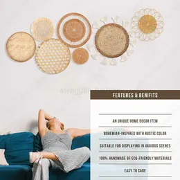 Set Di 7 Cestini Da Parete In Rattan Stile Bohémien – Decorazione Rotonda Fatta A Mano, Color Naturale, Per Soggiorno, Camera, Cucina