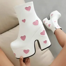 Y2K Platform Ankle Boots Heart Heel Black White Cosplay Shoes, Chunky  Heel Bratz Style Boots for Women Hot Sale!