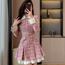 ワンピース Tweed Pleated Mini Dress Tweed Mini Dress: Autumn Long Sleeve, Pleated Ruffle, Single