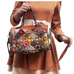 Stylish Patchwork Leather Tote Bag - Colorful Floral Shoulder Bag