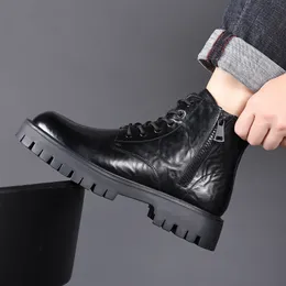 Men's boots autumn and winter new casual business leather boots warm plush  high top cotton shoes fashion anti-skid outdoor boots