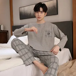 新春初売り loungewear Plaid Cotton Knitted Men's set Long Soft - Clothing