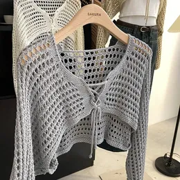 トップス FRONT WAVE CROCHET LIKE KNIT CARDIGAN SECRETEYARD Womens Lightweight Crochet Cardigan Tie Front