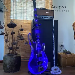 Guitar Blue LEDS Light 4 String Acrylic Electric Bass Guitar ، لوحة أصابع خشب الورد ، رقبة القيقب ، جودة عالية ، شحن مجاني