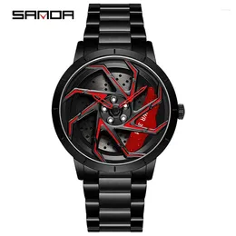 Wristwatches SANDA P1088 Men's Watch Stainless Steel Band Premium Quartz Movement Car Rim Wheel Shaped Rotating Dial Relogio Masculino