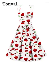 Lässige Kleider Tonval 2024 in Frauen Kirschdruck Sommerkleid Knotengurt Geburtstagsfeier Hohe Taille Vintage Plissee Flare