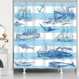 Cortinas de chuveiro Columbus Day Cortina Náutica Barco Veleiro Listra Azul e Vida Marinha Banho À Prova D 'Água Com Gancho Decoração de Banheiro