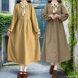 الفساتين غير الرسمية Art Mori Girls Long Dress Autumn Winter Wear Basic Wear Retro Vintage Japan Style Doll Neck لطيف شريط ربطة عنق حلو Corduroy