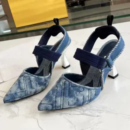 sexy pointed toe women high heel sandals runway new arrive high quality genuine leather with denim slingback slip on chunky heel dress sandals designer shoes