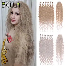 Synthetische Perücken Bella Oma Grey Hair S für Frauen synthetische Faser Curly Wave 6 pc 36 Zoll Haarbündel mit Verschluss weiches Geflecht Haar Y240401