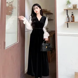 Sıradan elbiseler büyük boyutlu kadınlar sonbahar ve kış şişman kız hepburn stil kadife vintage patchwork kabarık kol elbise