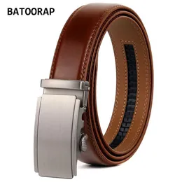 Bälten Fashionabla Mens Belt Authentic Leather High Quality Alloy Buckle Automatic Trouser Belt 35mm Wide Brown Ratchet Belt TZP-QS011 Q240401