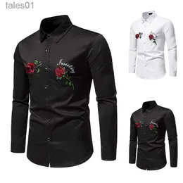 Męskie plus koszulki Polos 2023 Nowe sukienki męskie koszule długie rękawy Mężczyźni Męski Groom Groomman Floral Rose Man Casual Prom Party Shirt LS28 YQ240401