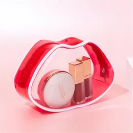 Sacos cosméticos femininos transparentes à prova d'água pvc fofo formato de lábios vermelhos bolsa de batom portátil viagem organizador de armazenamento de maquiagem suprimentos