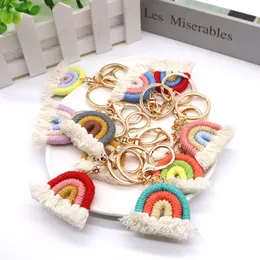 Nordic wind ins Rainbow pendant Handwoven cotton keychain fringe bag car pendant female ethnic style