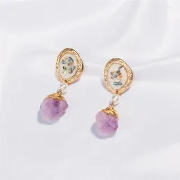 dangle earrings purple for for women for handmade pure uratural raw wirew rap enamel drop stud