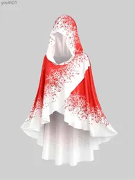 Basic Casual Dresses ROSEGAL Plus Size Colorblock Hooded Cape Snowflake Print Tulip Hem Asymmetrical Outerwear Cloak Women Ruffles Capes Red yq240402