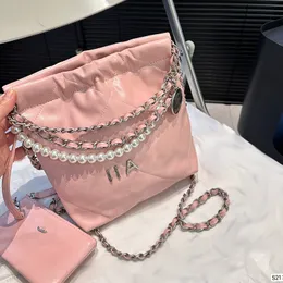 Borsa per immondizia in pelle cerata a olio Borsa a tracolla da donna di design con catena di perle Borsa a tracolla in pelle con diamanti a quadretti Oro Argento Hardware Lettera Borsa a mano di lusso Borsa a tracolla 21 cm