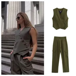 PB ZA Spring Button Decor Asymmetric Vest Double Pocket Workwear Pants Two Piece Set 240329