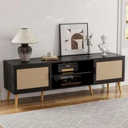 Boho TV Stand لأجهزة التلفزيون حتى 65 مع رفوف الأبواب الراتان وخزانات - وحدة تحكم وسائل الإعلام الترفيهية السوداء لغرفة المعيشة