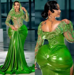2024 ASO EBI Green Mermaid Dress Cequined Lace Illusion Evening Formalne przyjęcie Drugi przyjęcie 50. urodziny suknie zaręczynowe sukienki szatą de soiree ZJ308