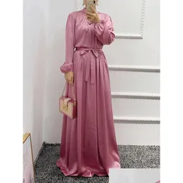 Ethnic Clothing Dubai Fashion Satin Solid Evening Party Dress With Sashes Caftan Marocain Islamic Outfits Long Sleeve Robe Femme Drop Dhl6U