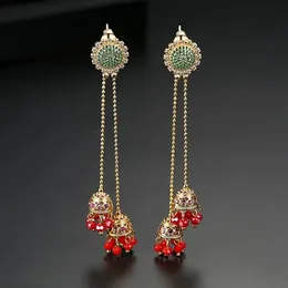 ヴィンテージインディアンジルコンクリスタルロングベルドロップダングルイヤリングタッセルビーズJhumka Jhumki Gold Color Retro Bridal Wedding Jewelry 240401